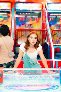 Stylish woman posing confidently at an arcade with colorful lighting and machines.
