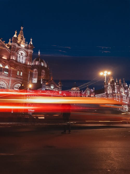 Long Exposure of Street Lights in front of the Chhatrapati Shivaji Terminus, Mumbai, India 