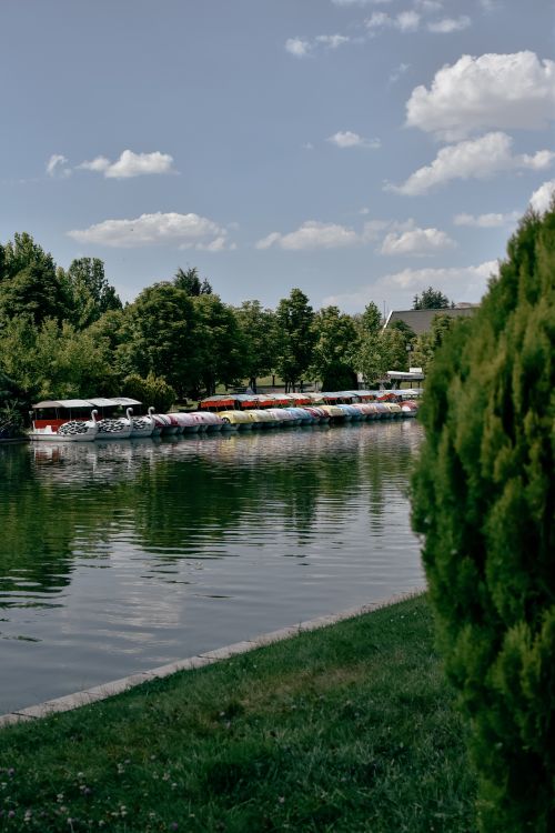 Free A peaceful lake scene with colorful rowboats and lush greenery under a vibrant blue sky. Stock Photo