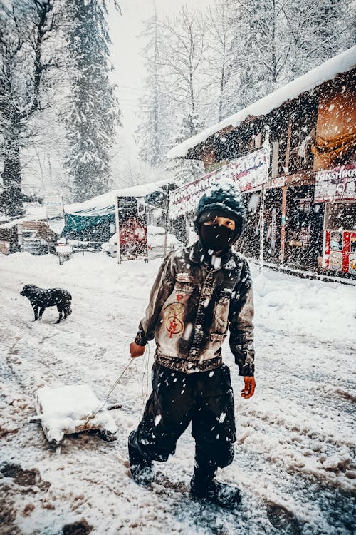 Small Dog and a Boy Pulling a Sledge in a Snowy Weather 