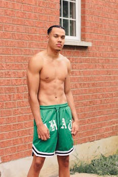 A fit and muscular young man poses shirtless in green shorts against a brick wall outdoors.