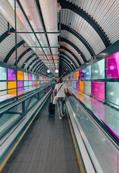 A traveler with a suitcase on a vibrant moving walkway in a modern airport terminal.
