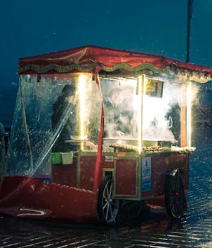 Street food vendor cart illuminated on a rainy night with steam rising in the air.