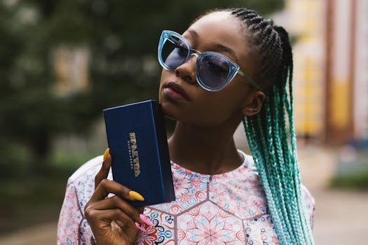 Portrait of a fashionable black woman with braided hair holding a book outdoors.