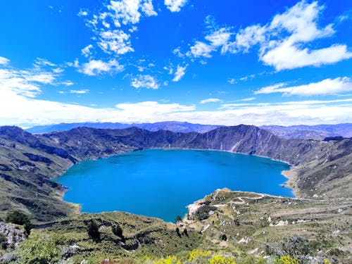 A Lake Surrounded with Mountain Under the Blue Sky and White Clouds