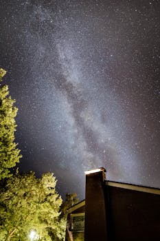 夜空中令人着迷的银河景观，在房屋和树木上方被捕捉，展现了其本质