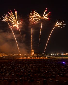 A dazzling fireworks display lights up the night sky over a large crowd, creating a festive atmosphere.