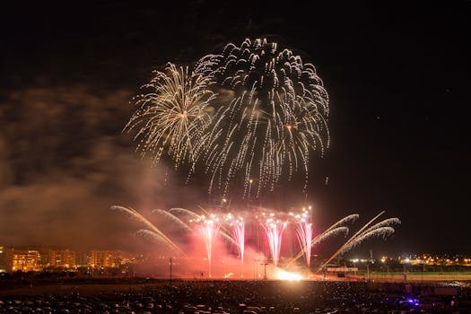 Stunning fireworks illuminate the night sky over a bustling cityscape, celebrating a festive occasion.