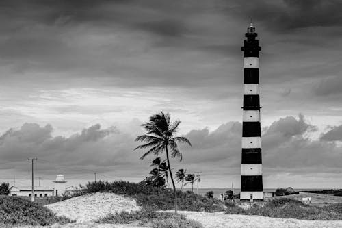 Grayscale Photo of a Lighthouse near the Sea