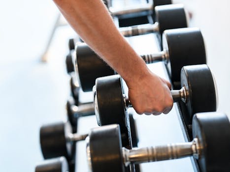 Close-up of a man's hand gripping a dumbbell in an indoor gym setting.
