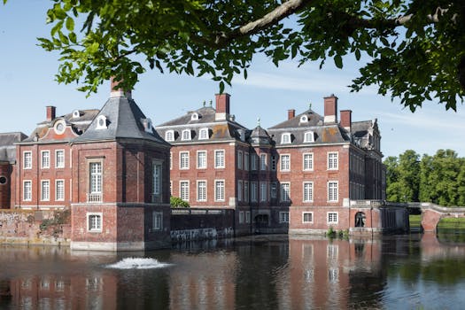 Beautiful view of Schloss Nordkirchen in Germany reflected in calm waters with clear skies overhead.