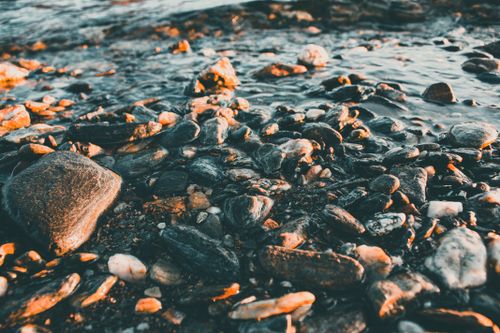 Free Close-up of pebbles on Lugano's shoreline during sunrise, offering a tranquil and picturesque view. Stock Photo