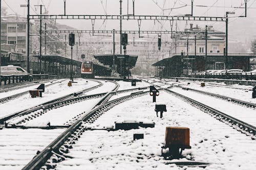 Tracks on Railway Station in Snow