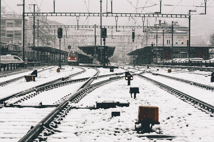 Tracks On Railway Station In Snow