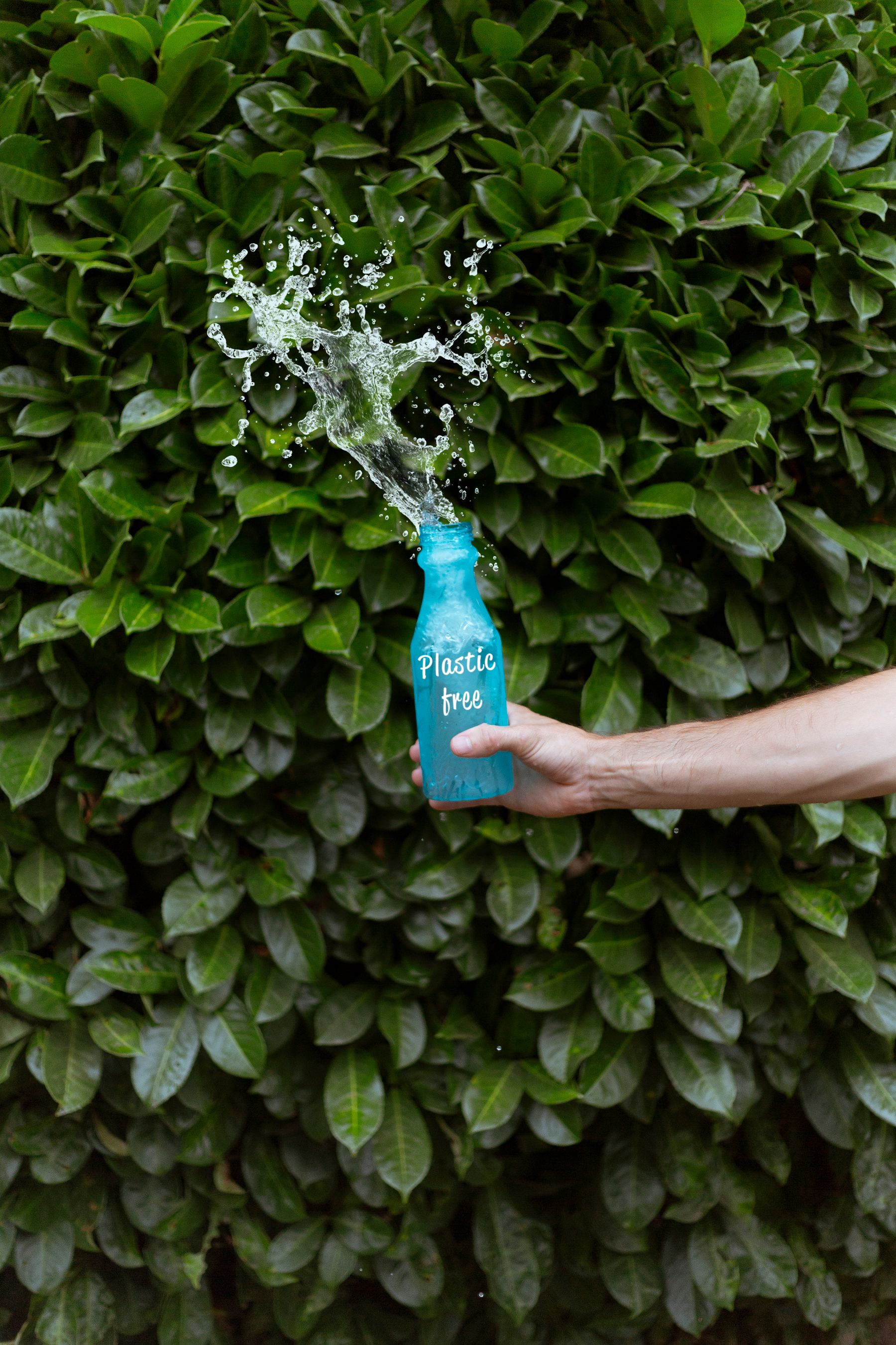Water splashing from a reusable bottle marked plastic free against green leaves