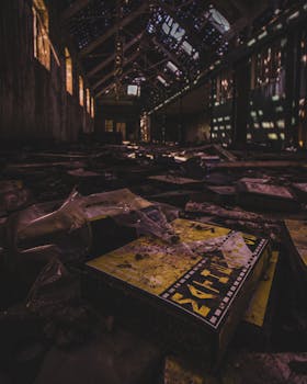 一座废弃建筑内部怪异，灯光昏暗，碎片散落，出口标志隐约可见