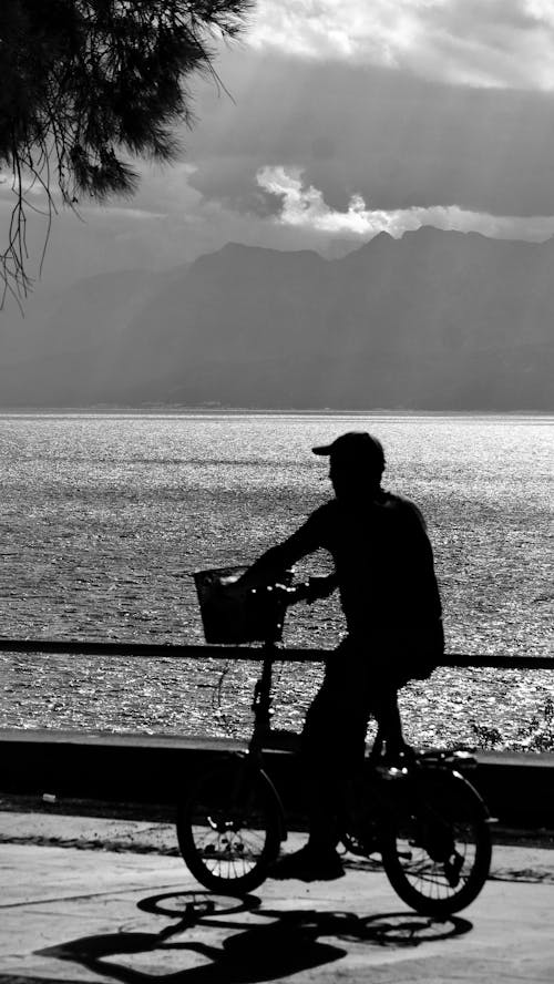 A Silhouette of Person Riding a Bicycle Near the Body of Water