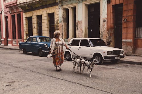Woman Holding Leash of the Dog While Walking