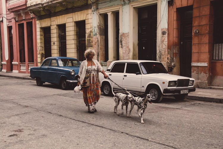 Woman Holding Leash Of The Dog While Walking