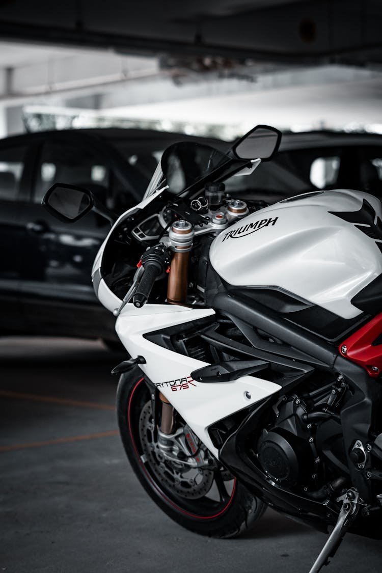 A Parked White Triumph Daytona 675