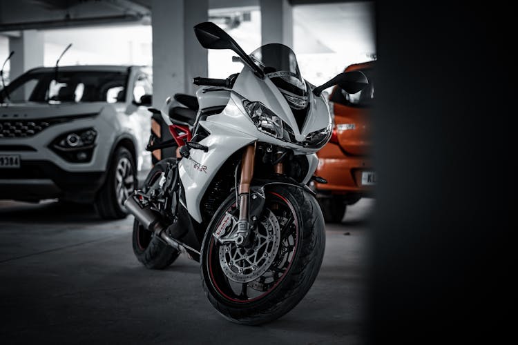 A Parked White Triumph Daytona 675