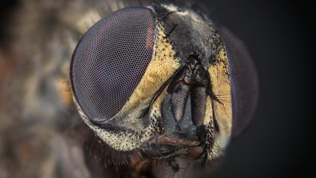 Detailed macro photograph showing the intricate compound eyes of a fly.