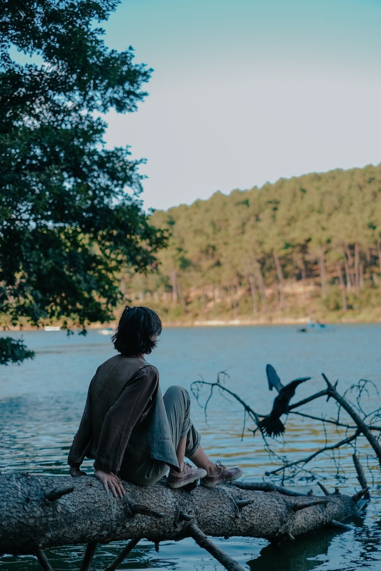 Woman Sitting On A Tree Trunk By The River