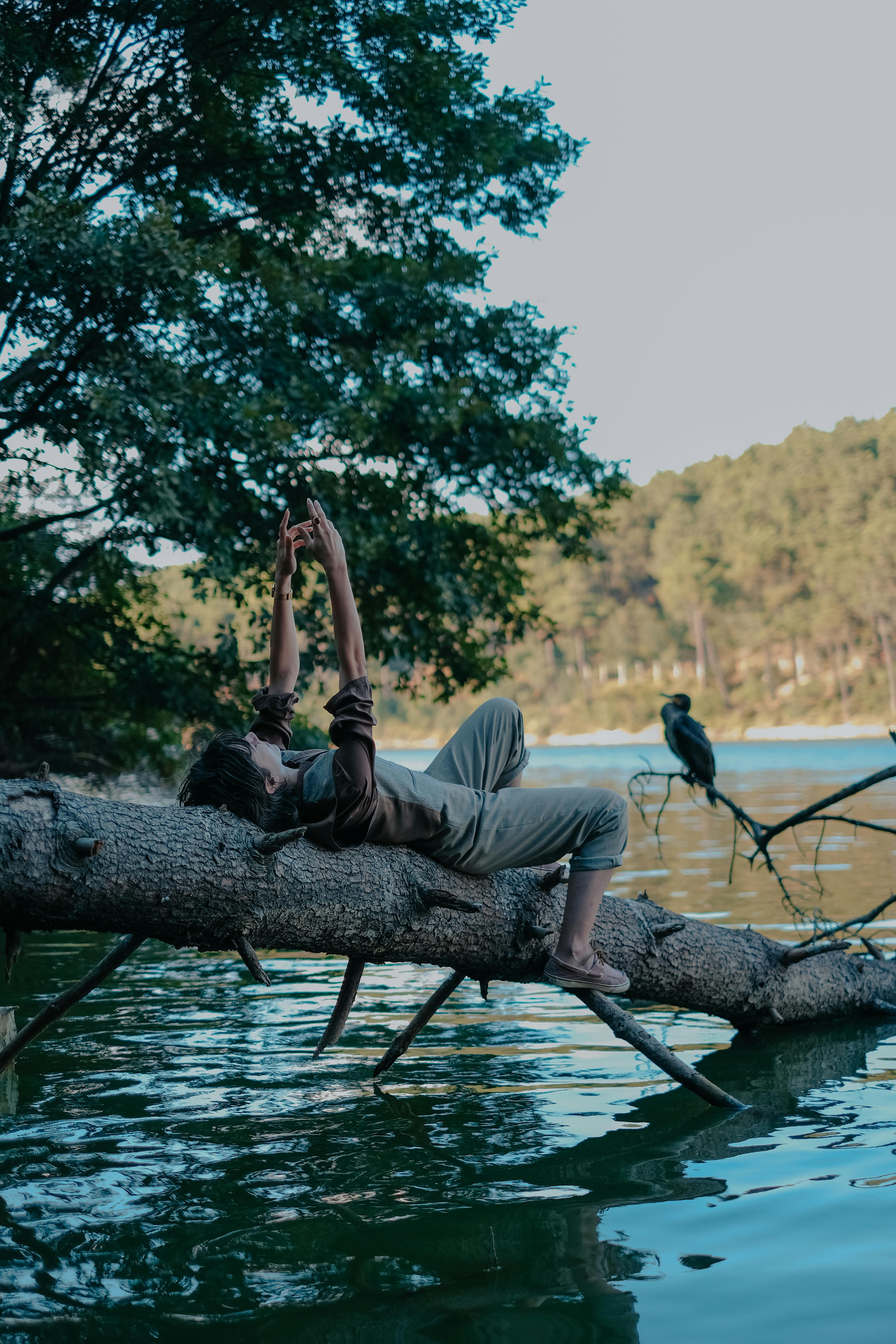 young man lying on fallen tree stump in lake