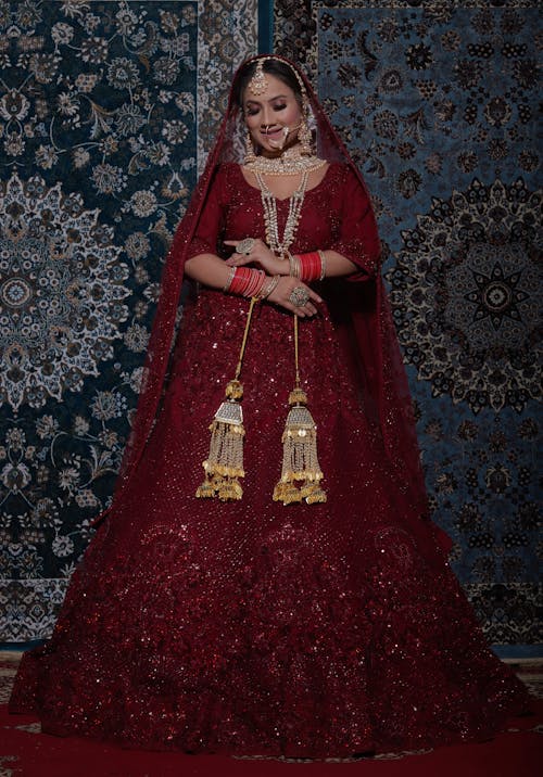 A Woman in Red and Gold Sari  Dress