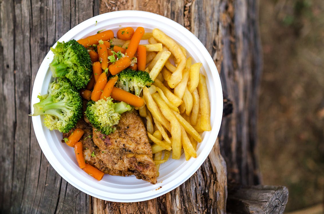 Free Meat, Broccoli, and Fries Dish Stock Photo