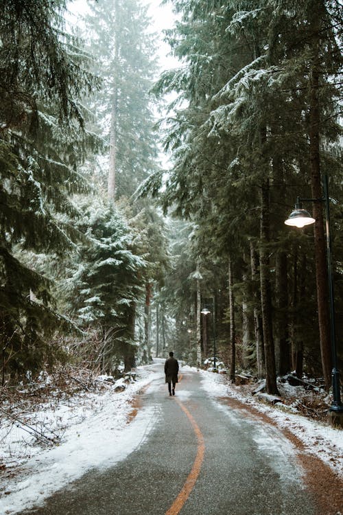 A Man in a Coat Walking on a Road during Winter