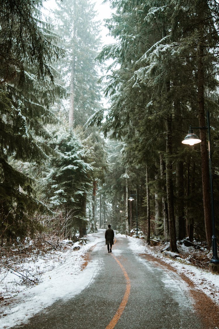 A Man In A Coat Walking On A Road During Winter