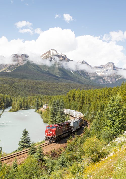 Freight Train Traveling Through Albertas Rockies