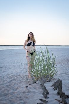 A woman in a stylish black bikini stands on a serene beach during the day.