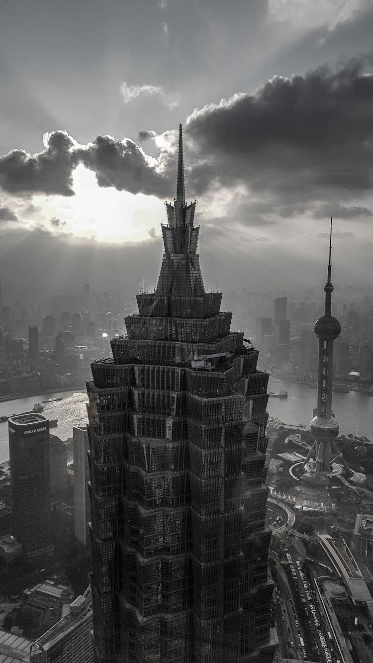 Grayscale Photo Of Jin Mao Tower In Shanghai, China
