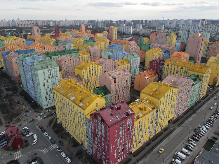 Aerial View Of Colorful City Buildings In Kyiv Ukraine