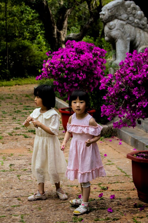 Photograph of Kids in Dresses Near Flowers