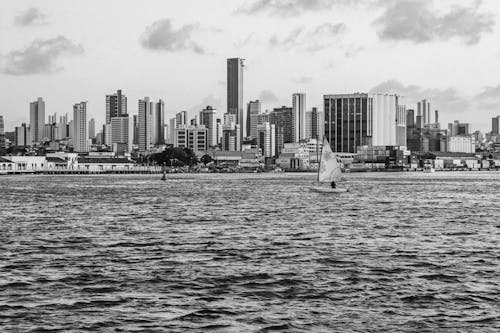 Grayscale Photo of High Rise Buildings in the City near Ocean