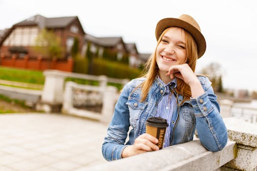 Young woman in a denim jacket and hat, holding coffee, smiling brightly outdoors.