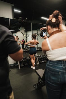 Woman posing in gym with camera captured by photographers, showcasing fitness and style.