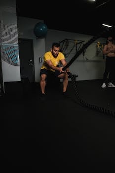 Focused man in yellow shirt working out with battle ropes in a gym setting.