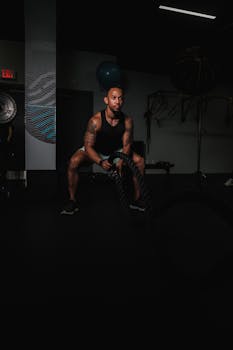 Powerful workout session with battle ropes by a fit and tattooed African American man.