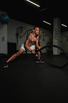 Shirtless man performing vigorous battle ropes exercise in a gym setting, showcasing strength and fitness.