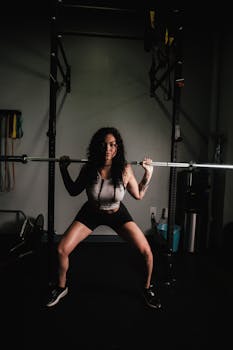 Strong woman in activewear squatting with a barbell in a fitness gym, promoting a healthy lifestyle.