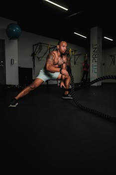 Man exercising with battle ropes in a gym. Intense indoor workout session demonstrating strength and fitness.