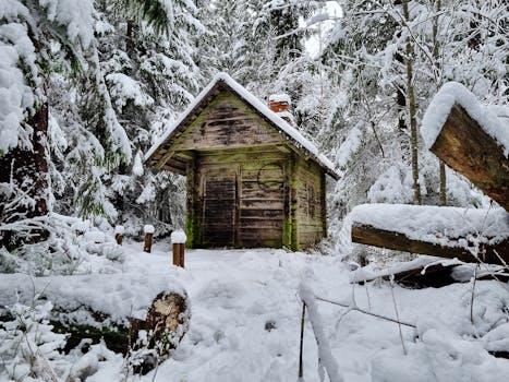 Rustic cabin surrounded by snow-covered trees in a serene Estonian forest.