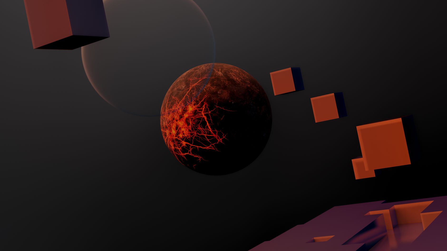 3D illustration of a glowing sphere and cubes in a digital abstract setting.