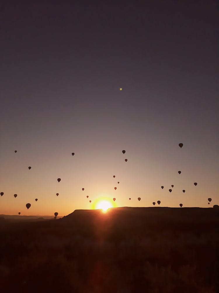 Silhouette Of Hot Air Balloons Soaring In The Sky During Sunset