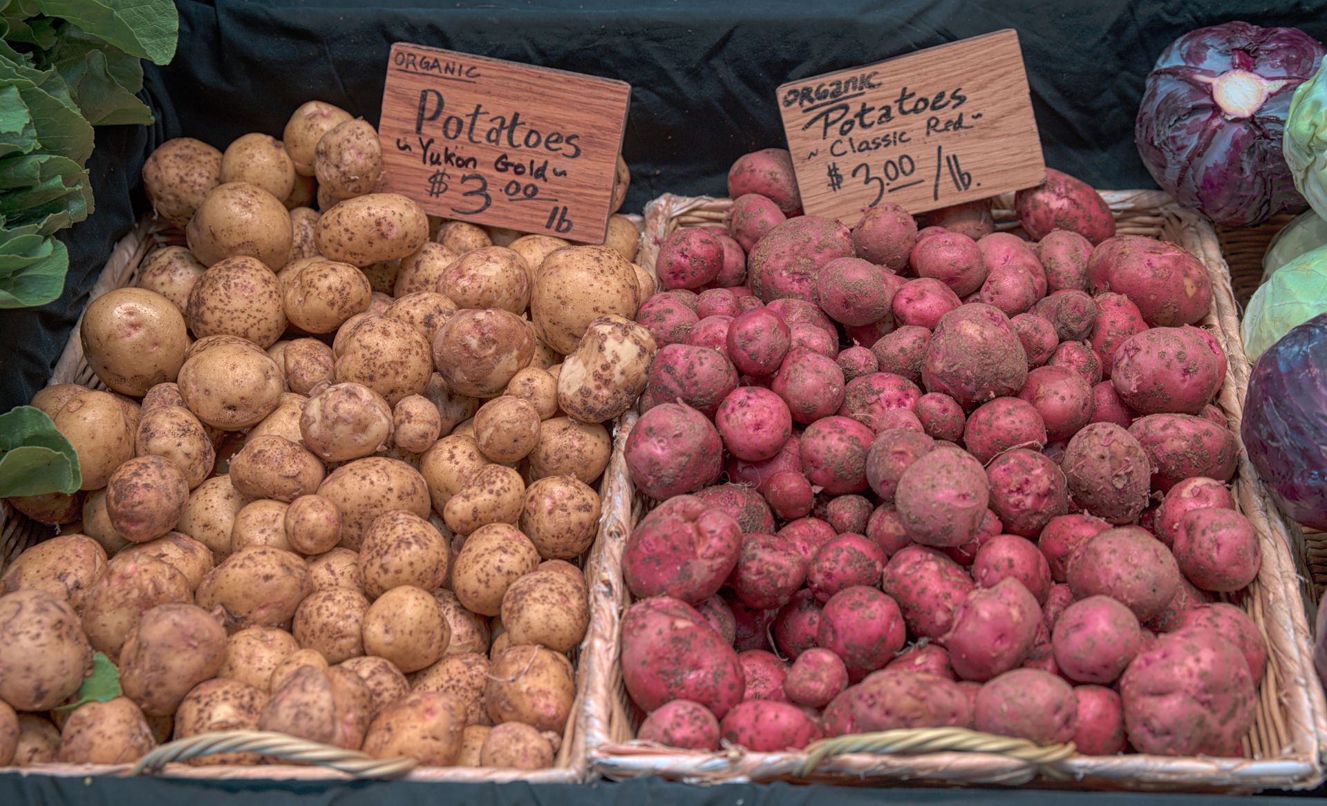 Organic Yukon Gold and Classic Red potatoes on sale at Olympia Farmers Market.