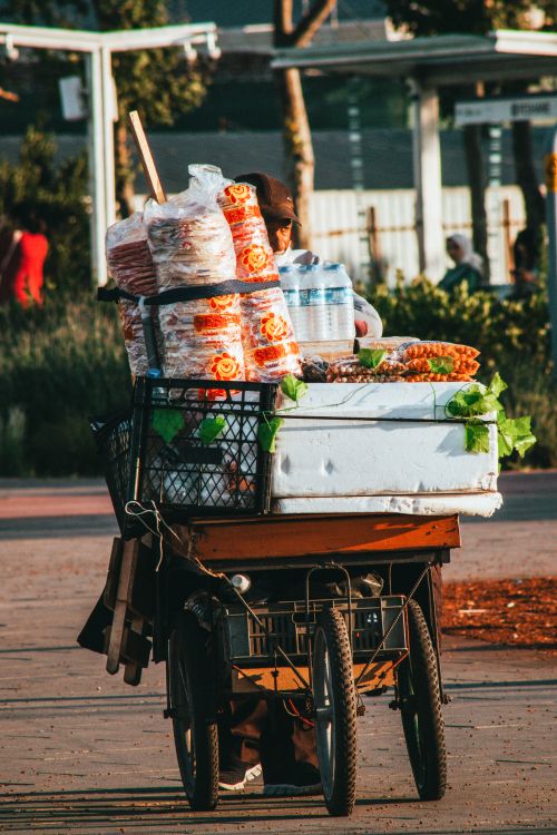 Free Street vendor pushing a cart filled with goods in an urban setting, showcasing city life. Stock Photo